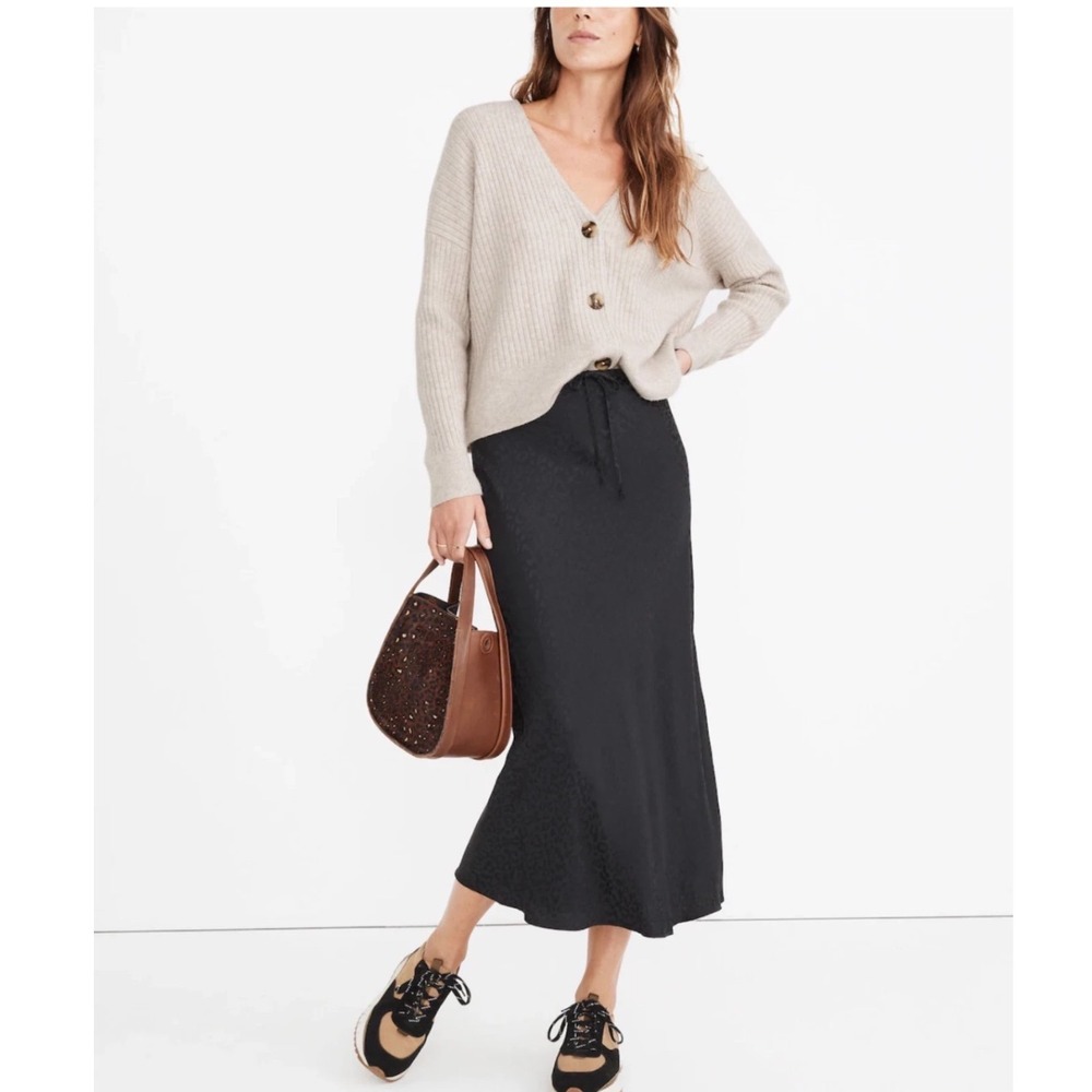 Madewell Cheetah Black Drawstring Midi Skirt Size Slit Size 6